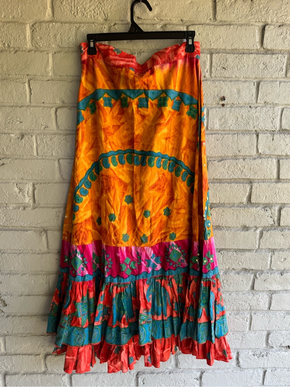 VENUS Multi Color Tiered Maxi Skirt w/Gold Trim Sz S Boho Resort Island Beach